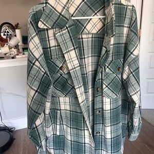 Green and White Plaid Button-Up Shirt